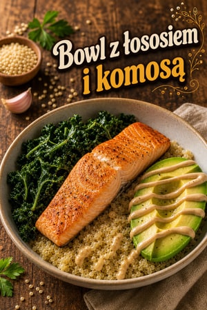 Odżywczy bowl z łososiem, komosą i czosnkowym jarmużem
