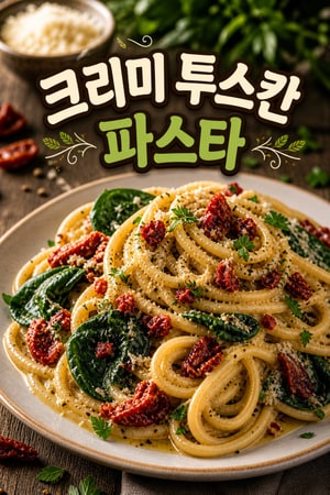 집에서 만드는 크리미 투스칸 파스타: 시금치와 선드라이 토마토의 실키한 크림소스, 파르메산 듬뿍