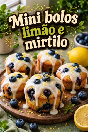 Mini bolos pound de limão e mirtilo com glacê de baunilha