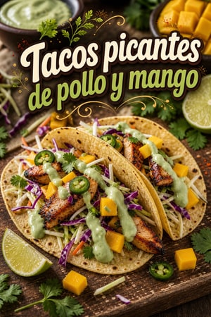Tacos picantes de pollo con mango, slaw y crema fresca