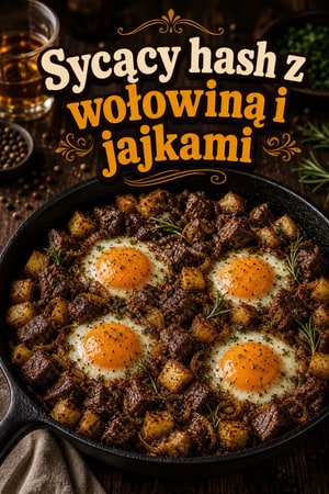 Sycący hash z wołowiną i jajkami z cebulą w burbonie