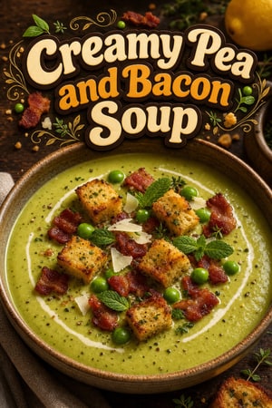 Creamy Pea and Bacon Soup with Herbed Parmesan Croutons