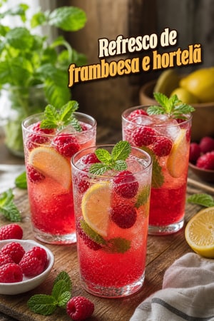 Refresco caseiro de framboesa e hortelã