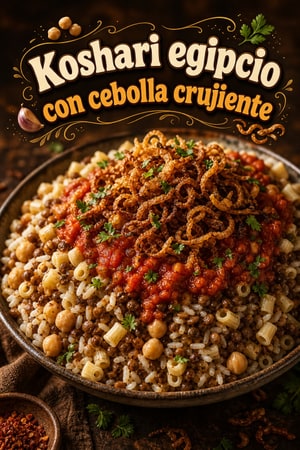Koshari egipcio auténtico: arroz, lentejas y cebolla frita