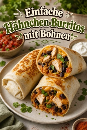 Einfache Hähnchen-Burritos mit schwarzen Bohnen und Reis