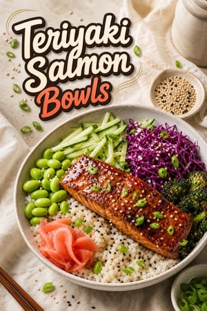 Teriyaki Salmon Bowls with Sesame Rice and Crispy Vegetables