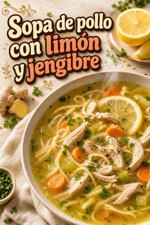Sopa reconfortante de pollo con limón y jengibre suave