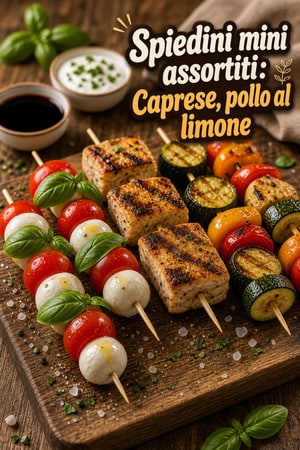 Spiedini mini assortiti: Caprese, pollo al limone e verdure