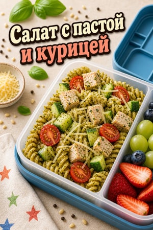 Безглютеновый салат с пастой, курицей и песто для школы