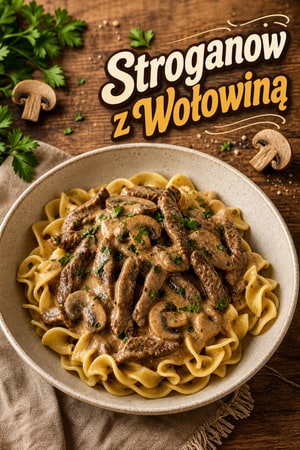 Wołowina Stroganow z Makароnem Jajecznym