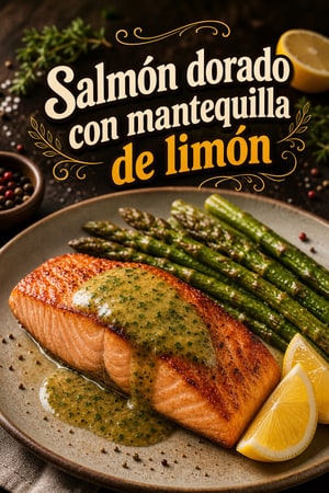 Salmón dorado en sartén con mantequilla limón y hierbas