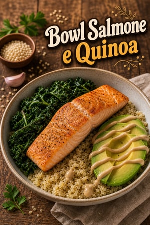 Bowl Nutriente di Salmone e Quinoa con Cavolo Riccio all'Aglio