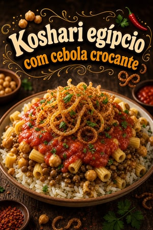 Koshari Egípcio Autêntico — Arroz, Lentilhas e Cebola