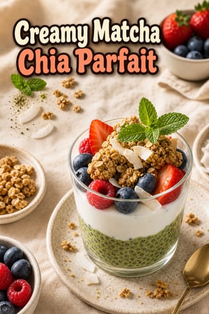 Creamy Matcha Chia Parfait with Coconut Yogurt & Berries