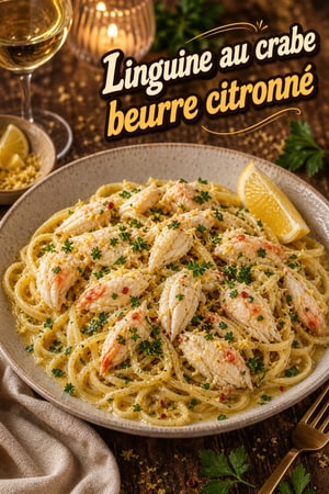 Linguine au crabe, beurre citronné et ail au persil frais