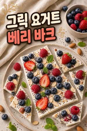 크리미한 그릭 요거트 바크 — 베리·아몬드·치아로 만드는 간편한 저칼로리 간식, 준비·보관 쉬움