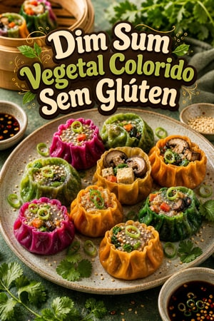 Prato de Dim Sum Vegetal Colorido Sem Glúten com Molhos