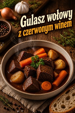 Klasyczny staroświecki gulasz wołowy z winem i ziołami