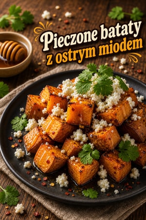 Pieczone bataty z ostrym miodem, fetą i kolendrą