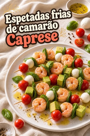 Espetadinhas frias mediterrânicas de camarão e Caprese