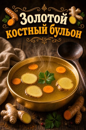 Целебный костный бульон с куркумой и имбирём — золотой
