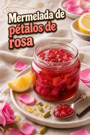 Mermelada aromática de pétalos de rosa, limón y cardamomo