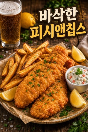 집에서 만드는 바삭한 맥주 반죽 피쉬 앤 칩스와 톡 쏘는 타르타르 소스 — 세 번 튀긴 수제 감자칩 곁들임