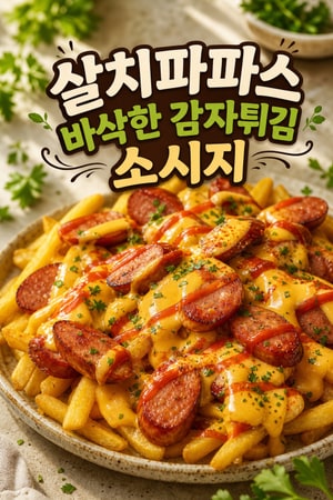 살치파파스: 소시지를 곁들인 바삭한 튀김감자와 치즈소스