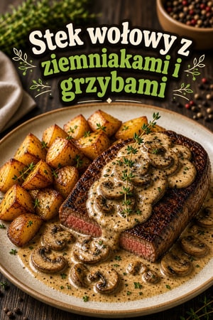Stek wołowy z ziemniakami i grzybami w kremowym sosie