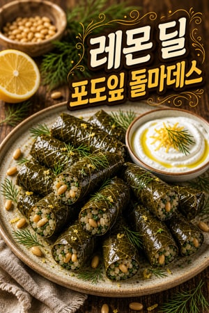 집에서 간단히 만드는 레몬 딜 포도잎 돌마데스 — 잣과 허브 라이스를 채운 상큼한 지중해 전채