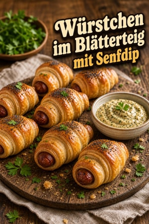 Klassische Pigs in a Blanket mit Kräuter-Senfdip und Käse