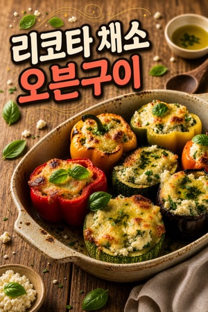 바질 향 가득한 리코타와 파르메산을 채운 구운 피망·주키니·가지 — 부드럽고 고소한 오븐요리