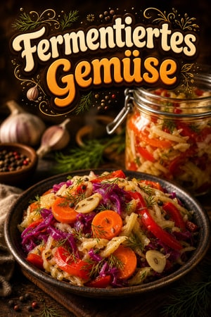 Buntes fermentiertes Gemüse mit Knoblauch und Dill