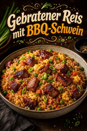 Gebratener Reis mit BBQ-Schweinefleisch, Ei und Frühlingszwiebeln