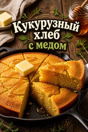 Золотистый кукурузный хлеб с медом на сковороде
