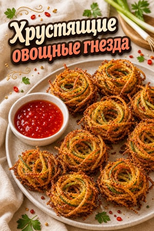 Хрустящие овощные «птичьи гнезда» со сладким соусом чили