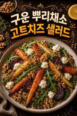 따뜻한 구운 뿌리채소와 고소한 아마란스, 고트치즈 샐러드 — 레몬 발사믹 드레싱으로 포인트