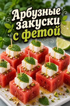 Освежающие холодные кусочки арбуза с мятой, фетой и лаймом