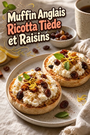 Muffin anglais pauvre en sucre, ricotta tiède et raisin