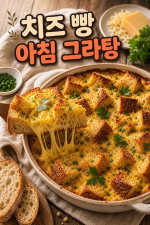 묵은 러스틱 빵을 부드러운 계란 커스터드와 치즈로 되살린 따뜻한 아침 베이크 레시피