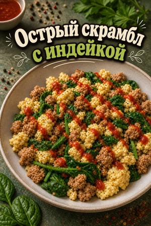 Пикантный скрамбл из индейки с белками, шпинатом и шрирачей