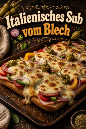 Italienisches Sub vom Blech: Salami, Paprika & Provolone