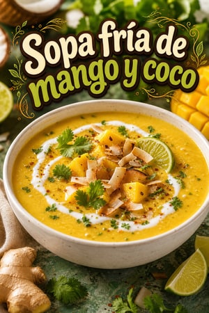 Sopa fría de mango y coco con jengibre y lima, refrescante