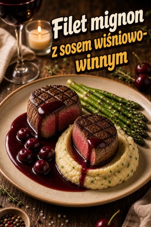 Filet mignon z sosem wiśniowo-czerwonego wina i puree