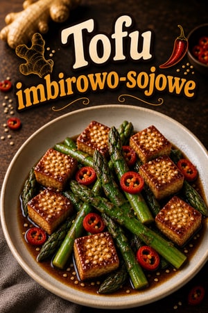 Chrupiące tofu imbirowo-sojowe z podsmażanymi szparagami