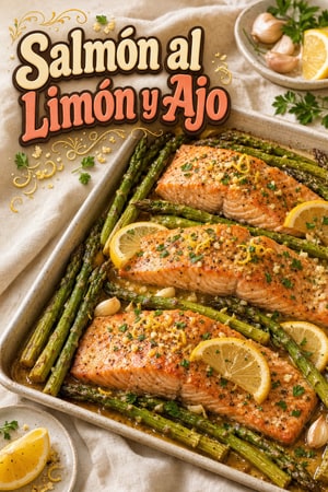 Salmón al Horno con Limón, Ajo y Espárragos en una Bandeja