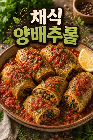 토마토-허브 소스에 구운 든든한 채식 양배추 롤 레시피: 현미와 렌틸 속 — 레몬과 파슬리, 훈제 파프리카