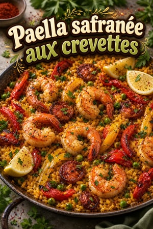 Paella au safran, crevettes, chorizo et poivrons rôtis