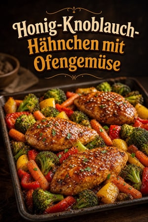 Hähnchen mit Honig-Knoblauch und geröstetem Gemüse aus dem Ofen
