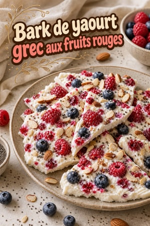 Bark de yaourt grec crémeux aux fruits rouges et amandes